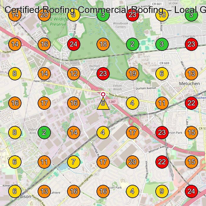 Certified Roofing Commercial Roofing Roofing Contractor GeoGrid ranking map for Edison NJ